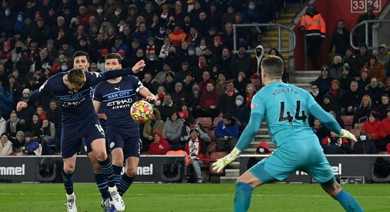 Manchester City defender Aymeric Laporte scores against Southampton Creator: Glyn KIRK