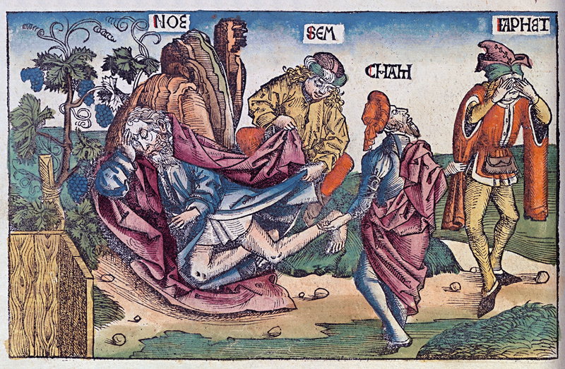 Noe i jego synowie. Po prawej Jafet, mityczny protoplasta Słowian (domena publiczna)