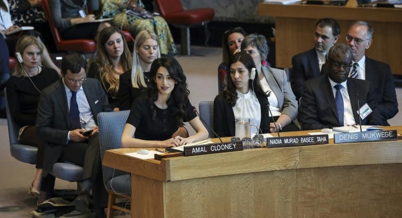 (L-R) Human rights lawyer Amal Clooney joins 2018 Nobel Peace Prize laureates Nadia Murad and Denis Mukwege in urging the United Nations to act against sexual violence in conflicts