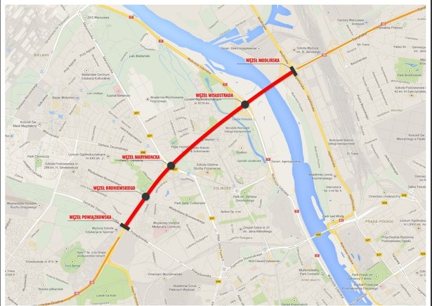 GDDKiA Mapa: Dostosowanie drogi krajowej nr 8 na odcinku Al. Prymasa Tysiąclecia – ul. Piłsudskiego w Markach do parametrów trasy ekspresowej