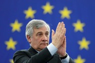 Newly elected European Parliament President Antonio Tajani reacts after the announcement of the resu