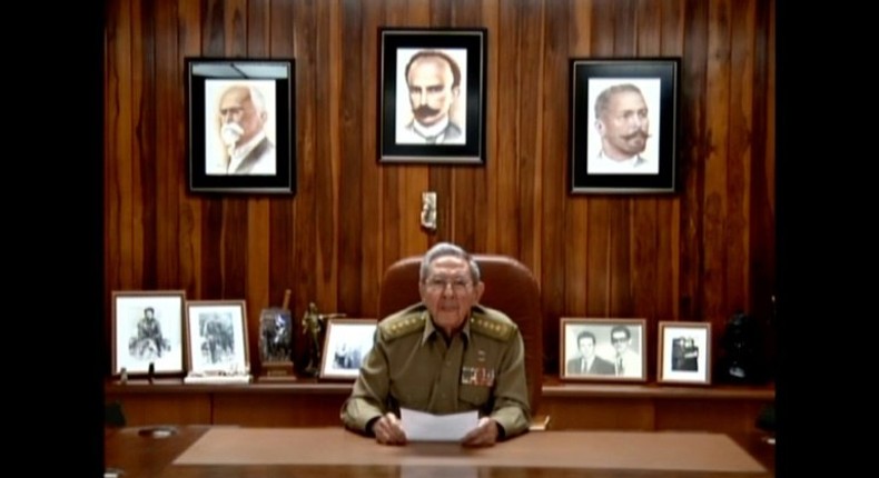 TV grab showing Cuban President Raul Castro announcing the death of his brother Fidel Castro in Havana on November 26, 2016