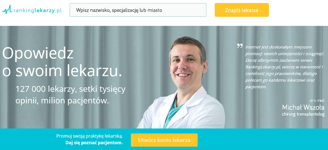 <strong>RankingLekarzy.pl</strong><br><br>
127 tys. lekarzy znajdujących się w bazie serwisu zostało sklasyfikowanych według tego, jak oceniają ich internauci.