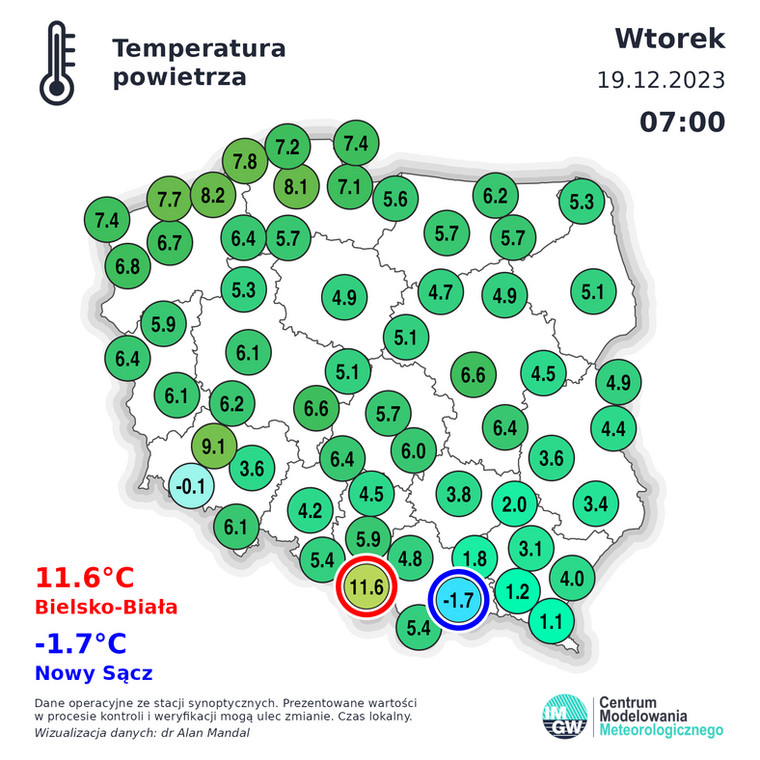 Temperatura powietrza w Polsce we wtorek rano