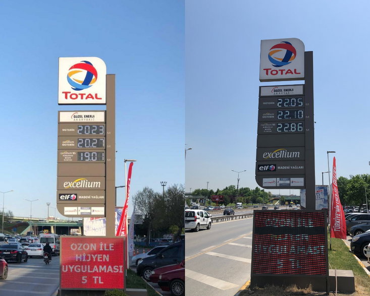 Po lewej ceny na stacji w kwietniu, po prawej w maju