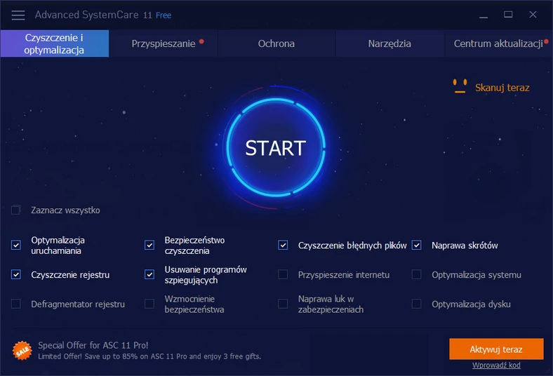 Główne okno rozbudowanego programu do optymalizacji systemów operacyjnych Windows - Advanced SystemCare Free 11