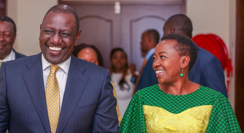 Deputy President  William Ruto and his wife Rachel Ruto during the launch of Kenya Kwanza Manifesto at Kasarani Stadium. 