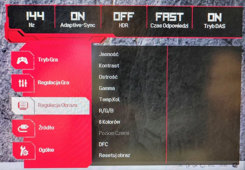 Główne menu OSD testowanego monitora