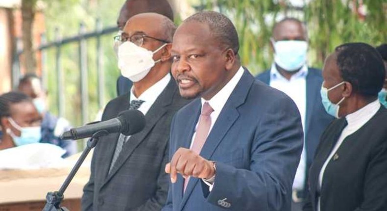 File image of Health CS Mutahi Kagwe flanked by other government officials at a Covid-19 press conference