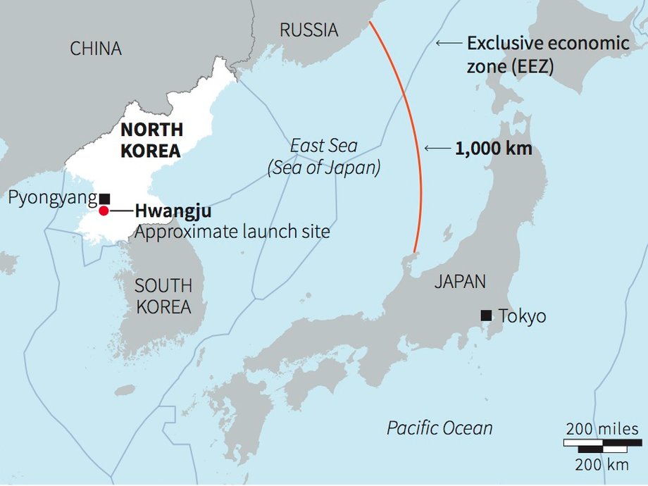 North Korea's first missile that landed in or near Japanese-controlled waters.