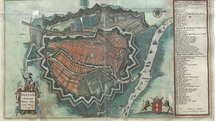 Gdańsk w XVII wieku otoczony pierścieniem nowożytnych fortyfikacji miejskich, 1687 r., domena publiczna