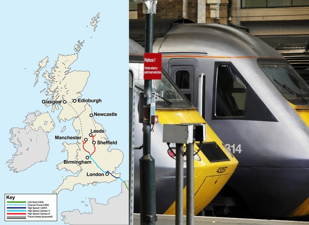 Plan brytyjskiej sieci szybkiej kolei. Na granatowo – projekt High Speed 1 (HS1), na niebiesko – projekt High Speed 2 (HS2) faza pierwsza, na czerwono projekt High Speed 2 (HS2) faza druga, na szaro – kolejne fazy rozbudowy sieci, na zielono – linia francuska TGV. Źródło: mapa: Wikipedia, Creative Commons Attribution-Share Alike 3.0 Unported, autor: Cnbrb, zdjęcie: Bloomberg.