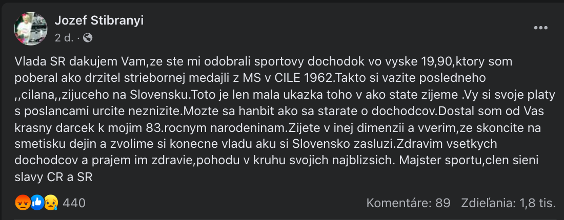 Odkaz Jozefa Štibrányiho slovenskej vláde. 