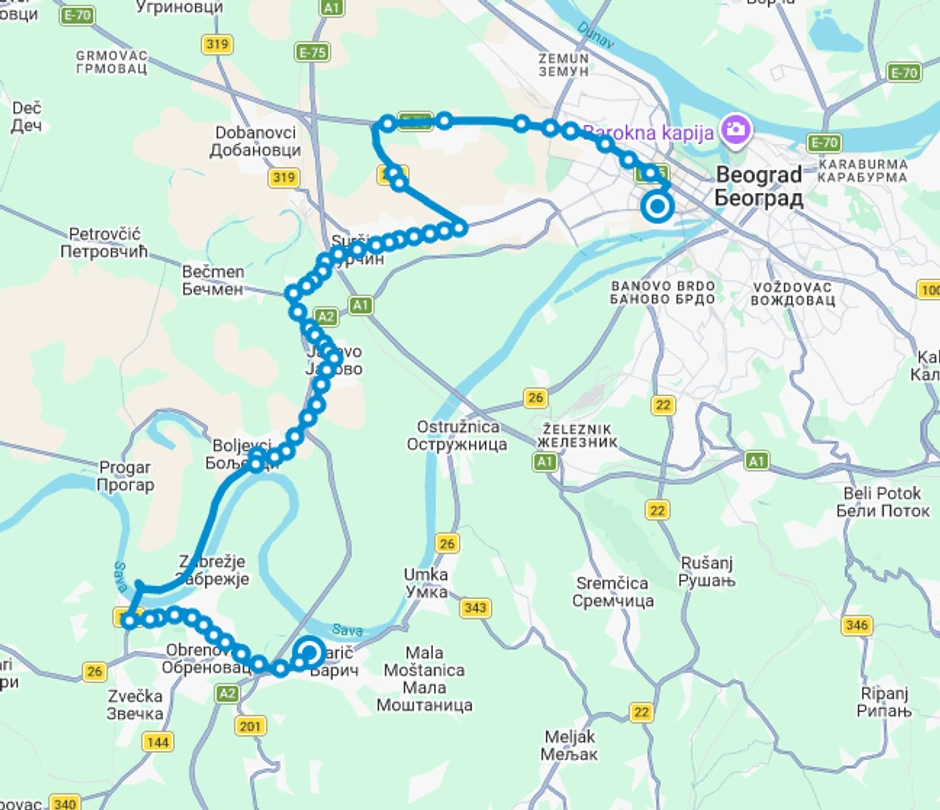 Trasa linije 860I u smeru od aerodroma Nikola Tesla