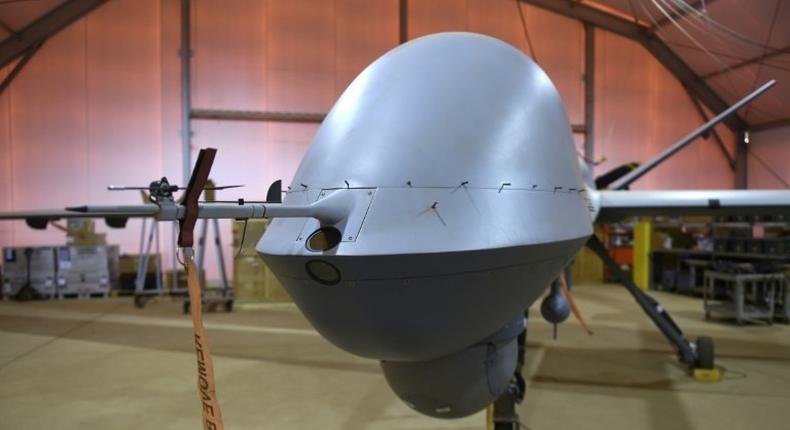 A US-made Reaper drone operated by the French military as part of Operation Barkhane, at the French army base in Niamey, Niger