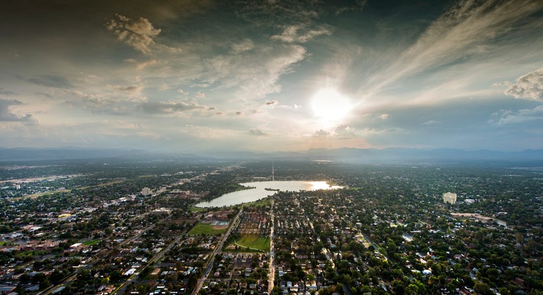 An aerial photo of Denver. The city was one of the hottest places to move in 2021 and early this year, but has seen a major drop-off in home sales recently. Howard Kingsnorth/Getty Images