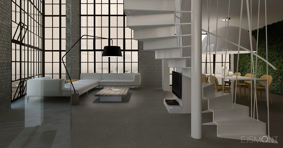 Loft:  biel i drewno - projekt Ejsmont