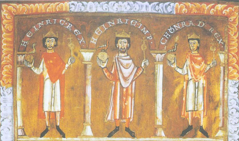 Henryk IV (pośrodku) i jego dwaj synowie. Z prawej – buntowniczy Konrad. Ilusracja z tzw. Ewangeliarza Emmeramskiego