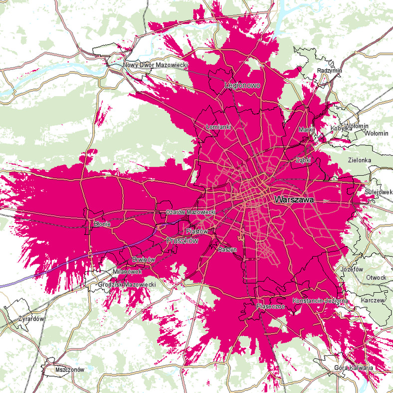 Mapa zasięgu 5G w T-Mobile - Warszawa