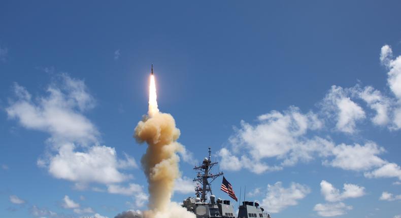 The guided missile destroyer USS Fitzgerald launches a Standard Missile-3 during a joint ballistic missile defense exercise in the Pacific Ocean Oct. 25, 2012.US Navy photo