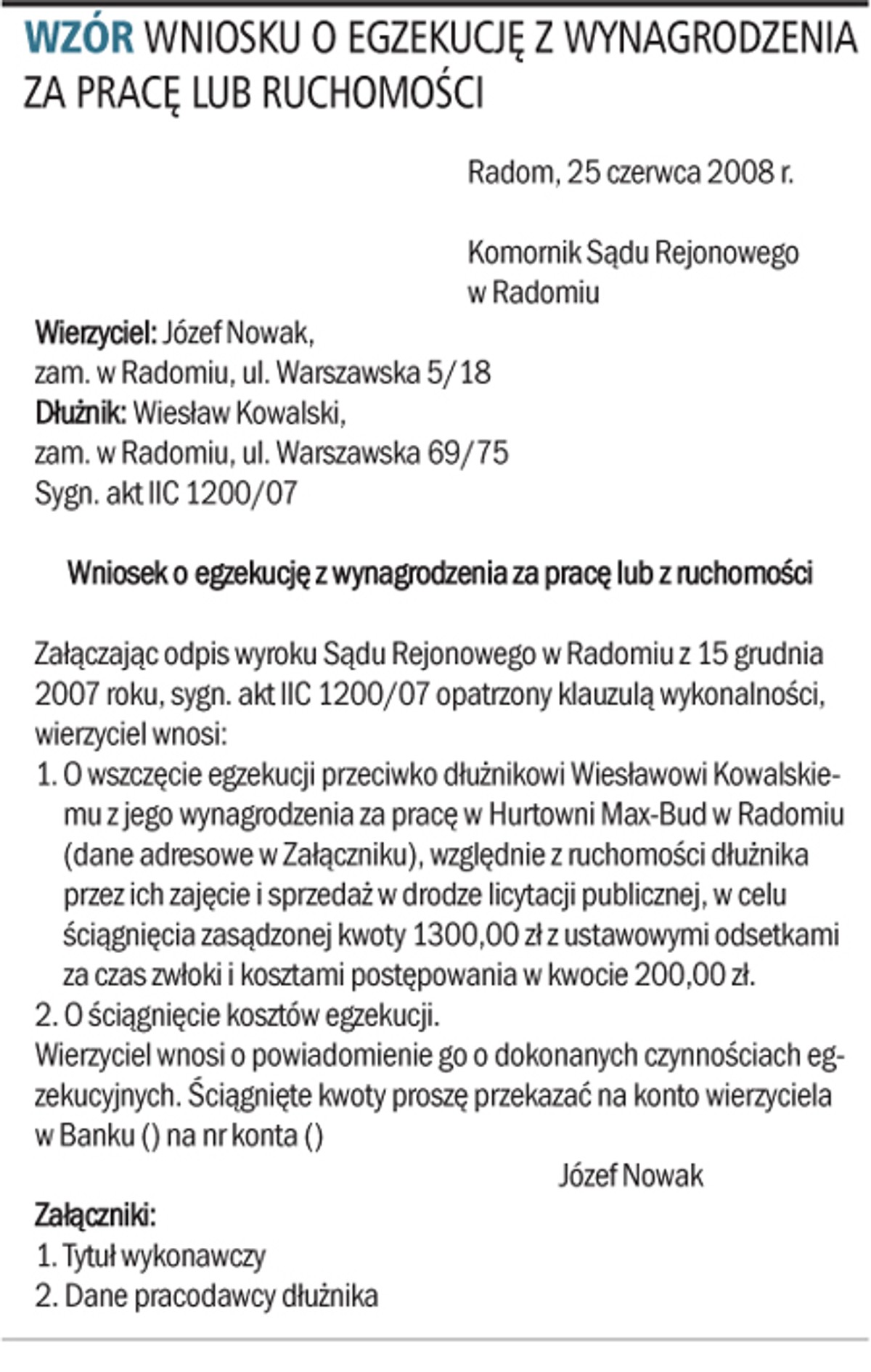 Wzór wniosku o egzekucję z wynagrodzenia za pracę lub ruchomości