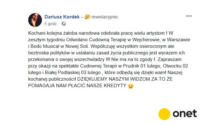 Screen ze strony Dariusza Kordka na Facebooku