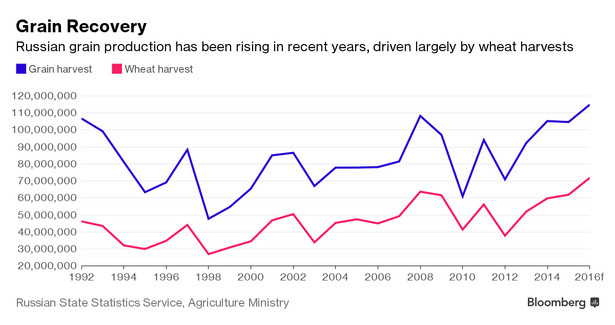 Poziom produkcji zbóż i pszenicy w Rosji