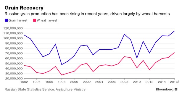 Poziom produkcji zbóż i pszenicy w Rosji