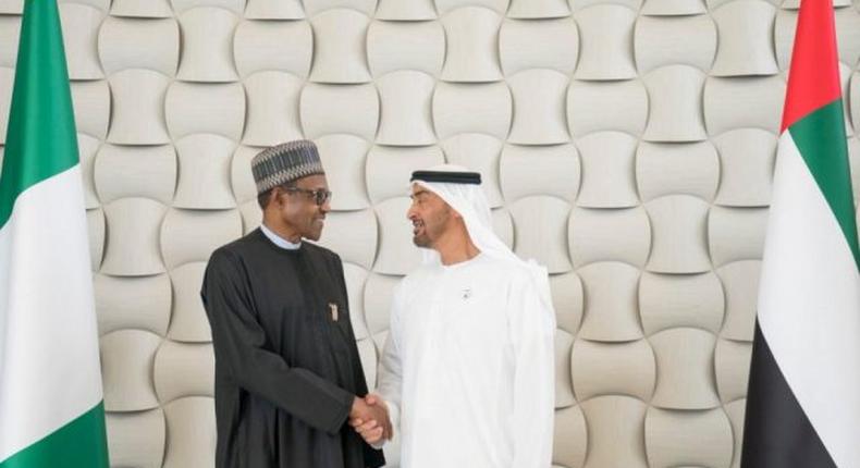 President Muhammadu Buhari and the Crown Prince of Abu Dhabi, Sheikh Mohamed bn Zayed. 