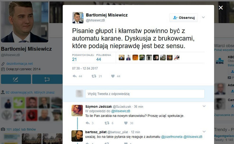 Bartłomiej Misiewicz na Twitterze