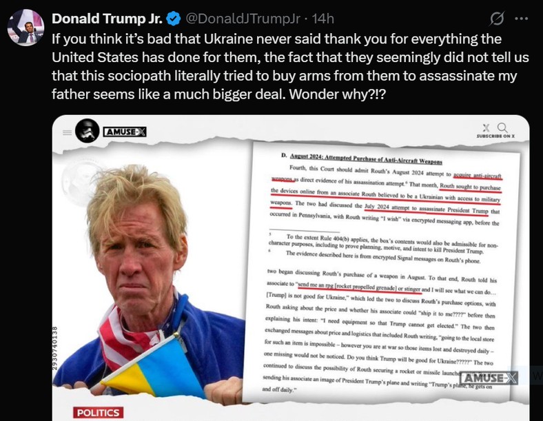 Post na X Trumpa jr. Na widocznym zdjęciu sprawca nieudanego zamachu na Trumpa.