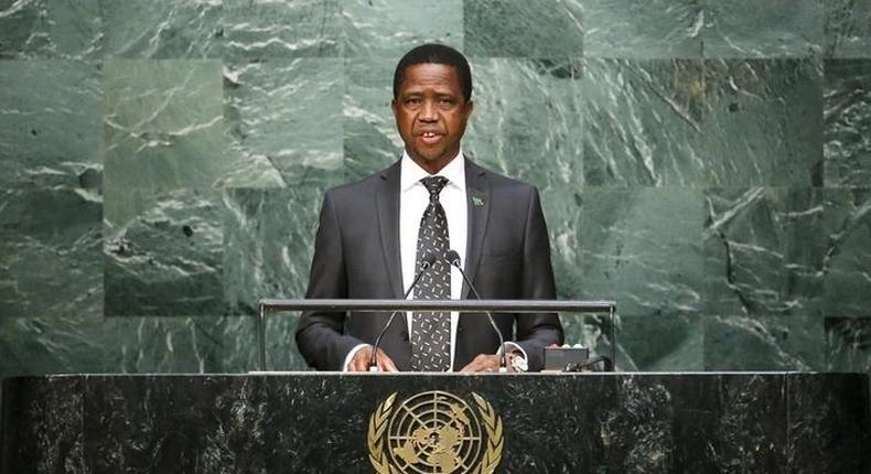 Zambian President Edgar Lungu speaks before attendees during the 70th session of the United Nations General Assembly at the U.N. Headquarters in New York, September 29, 2015. REUTERS/Eduardo Munoz