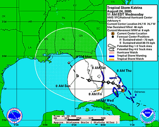 Mapa huraganu Katrina, lato 2005 r. źródło: NOAA via Bloomberg News