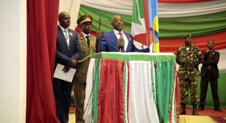 Burundi's President President Pierre Nkurunziza delivers his speech after being sworn-in for a third term following his re-election at the Congress Palace in Kigobe district, Bujumbura, August 20, 2015. REUTERS/Evrard Ngendakumana