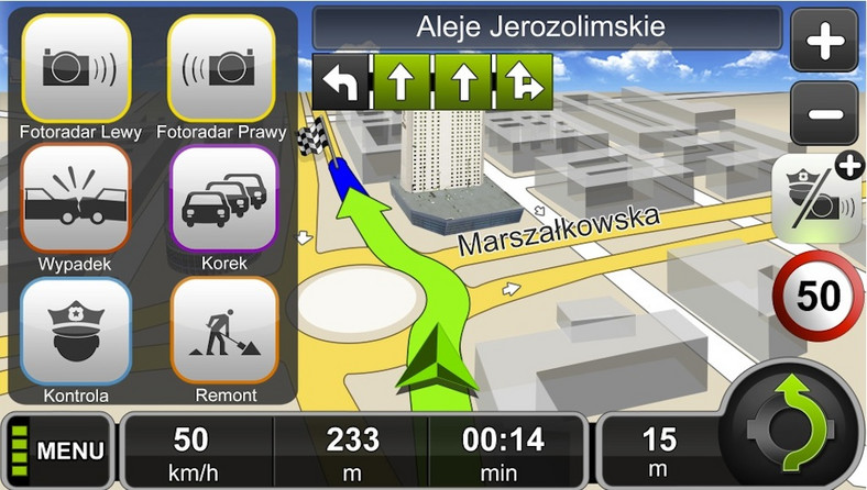 W trakcie jazdy zgłoszenia można wysyłać na bieżąco. Duża ikona systemu łączności znajduje się z prawej strony ekranu aplikacji nawigacyjnej.