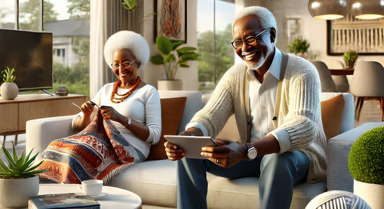 An AI-generated of a modern Kenyan home setting with grandparents relaxing together