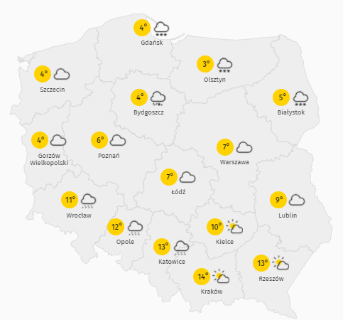 Prognoza maksymalnej temperatury w czwartek 4 marca