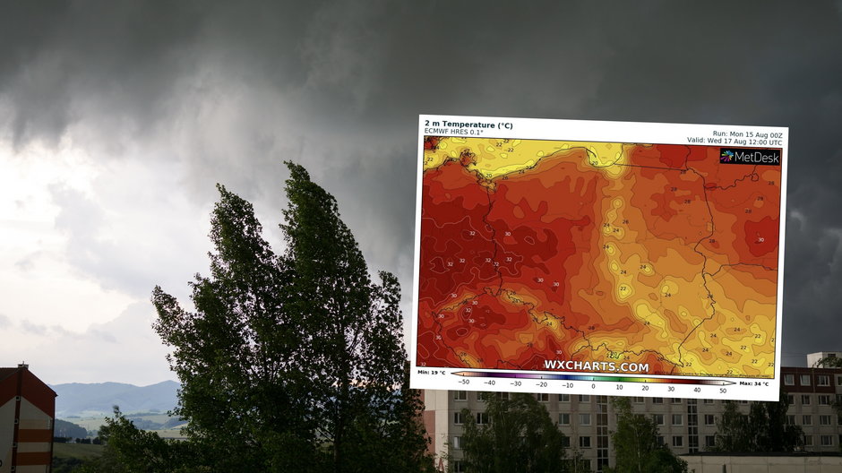 Burz i upałów w tym tygodniu nie zabraknie (mapa: wxcharts.com)