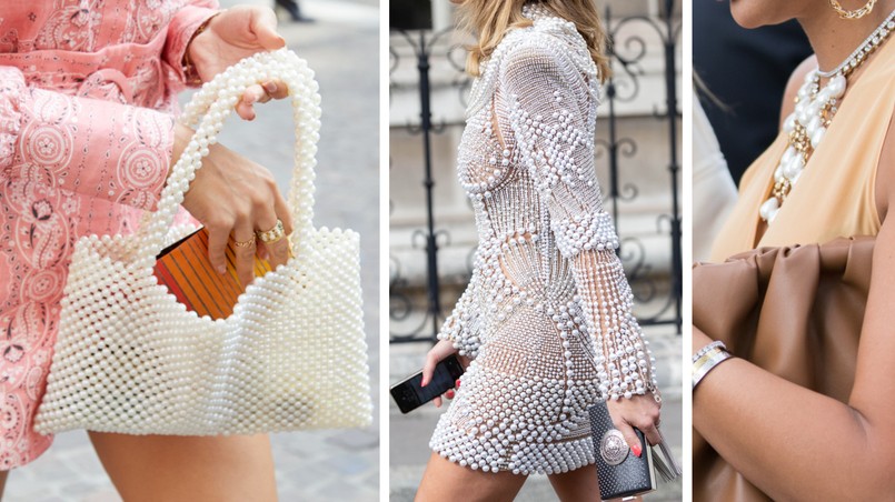 perły, torebka, sukienka, naszyjnik, moda