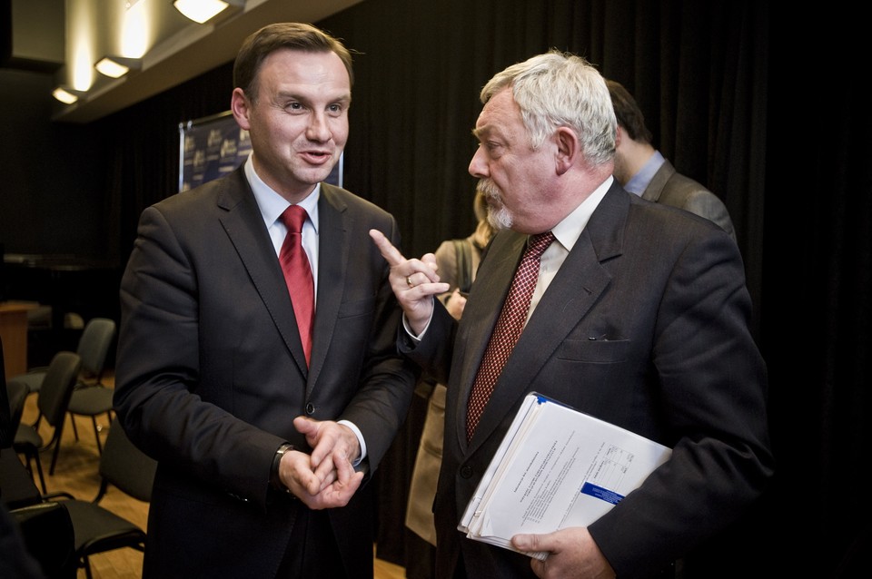 Andrzej Duda w towarzystwie Jacka Majchrowskiego podczas debaty kandydatów na urząd Prezydenta Krakowa w 2010 roku