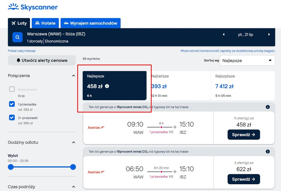 Warszawa — Ibiza, 1 dorosły, lot 21 lipca, Skyscanner