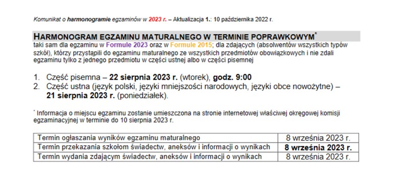 Harmonogram matury poprawkowej 2023