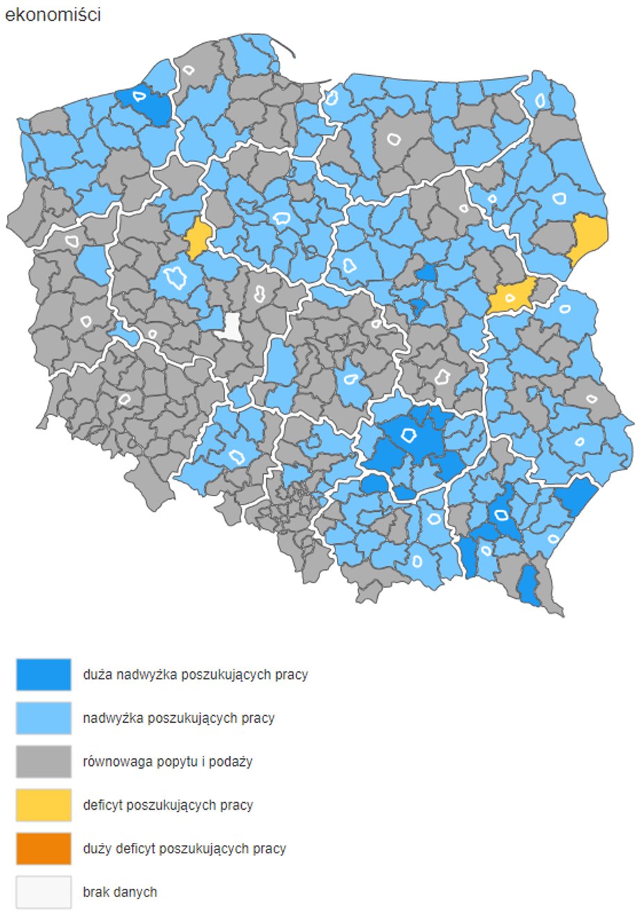 Zapotrzebowanie na ekonomistów w Polsce. Kolorem żółtym zaznaczono powiaty, w których ekonomiści są bardzo poszukiwani. To powiaty: wągrowiecki, siedlecki i hajnowski