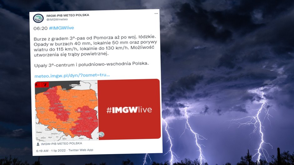 Ekstremalne burze i upały w Polsce. Ostrzeżenia dla całego kraju (screen: Twitter.com/IMGWmeteo)