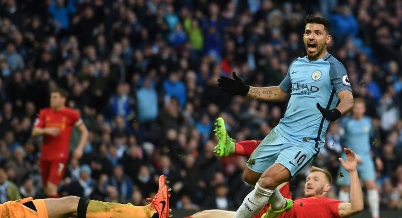 Manchester City's striker Sergio Aguero celebrates after scoring against Liverpool on March 19, 2017