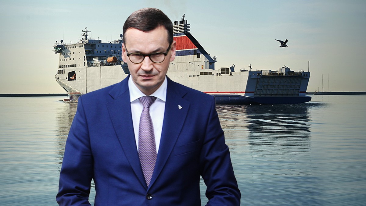 Prom ze stoczni w Szczecinie, odpływa w dale. Smutny premier Morawiecki