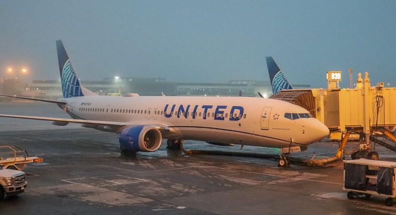 A United Airlines Boeing 737 Max 9.
