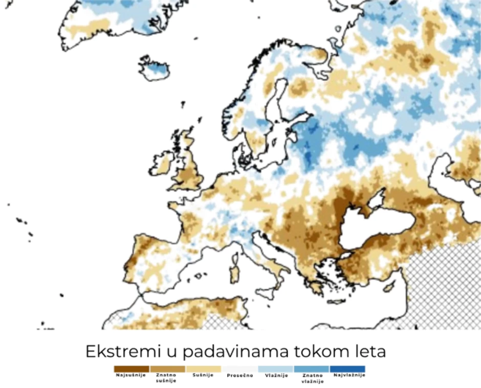 Sušni i kišni predeli Evrope tokom leta 2025