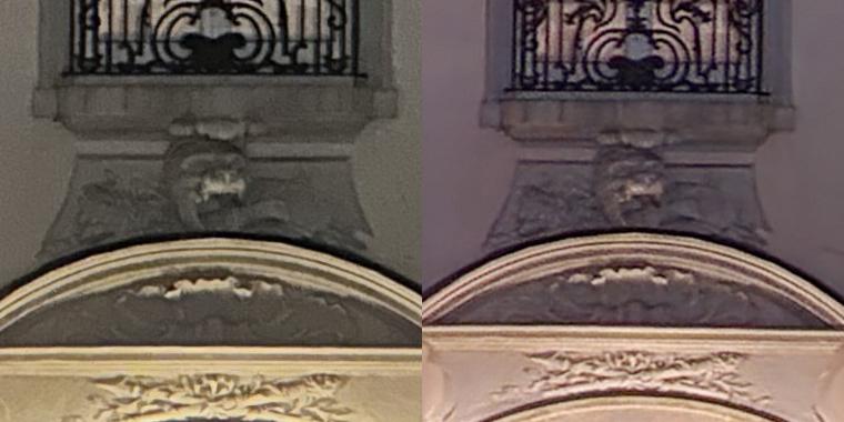 Wycinki w skali 1:1 z powyższych zdjęć. Po lewej iPhone 14 Pro Max, po prawej Galaxy S22 Ultra