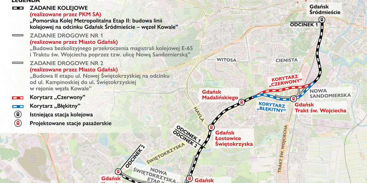 W odcinku aglomeracyjnym projekt przewiduje budowę całkowicie nowej linii kolejowej od przystanku SKM Gdańsk Śródmieście przez południowe dzielnice Gdańska aż do Kowal, gdzie powstać ma duży węzeł przesiadkowy, skomunikowany z innymi środkami transportu i 3-poziomowym parkingiem na 2,1 tys. aut. Dzięki temu będą mogli z niego korzystać również mieszkańcy sąsiednich gmin.